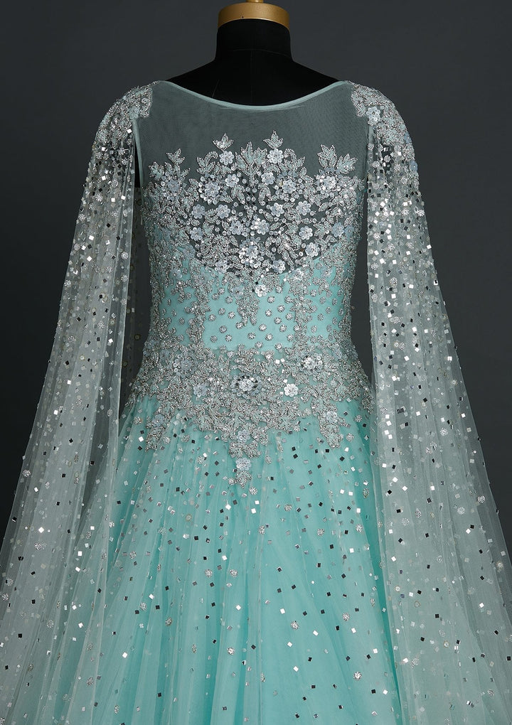 Sea Green Sequins Net Designer Gown - koskii