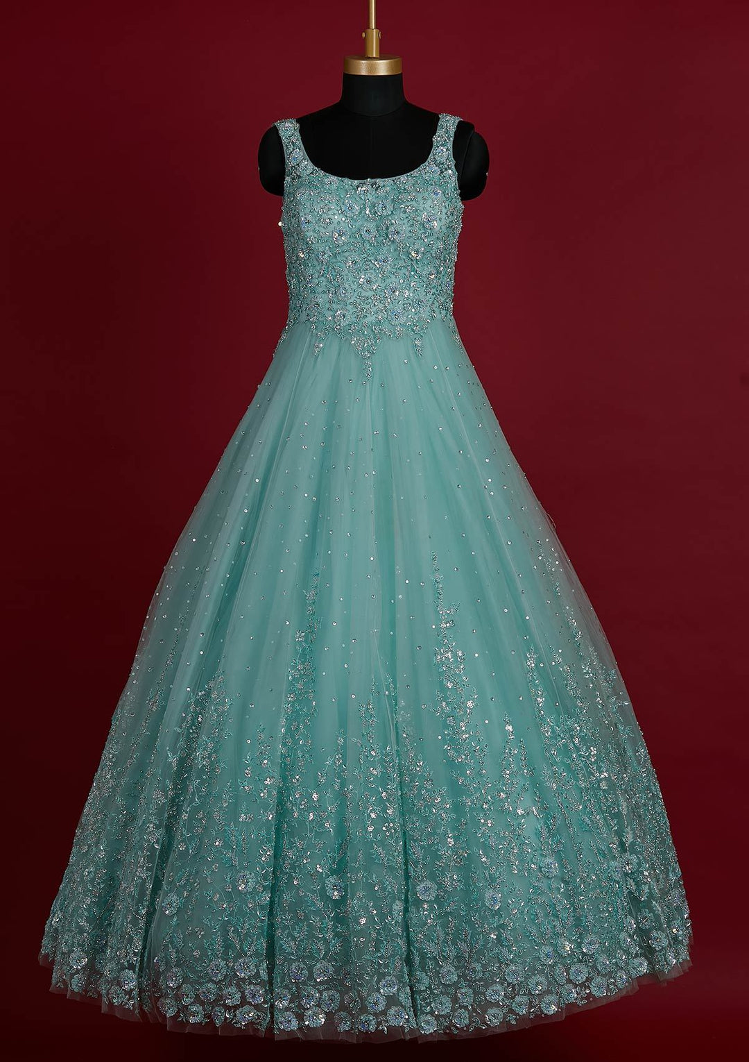 Sea Green Sequins Net Designer Gown - koskii