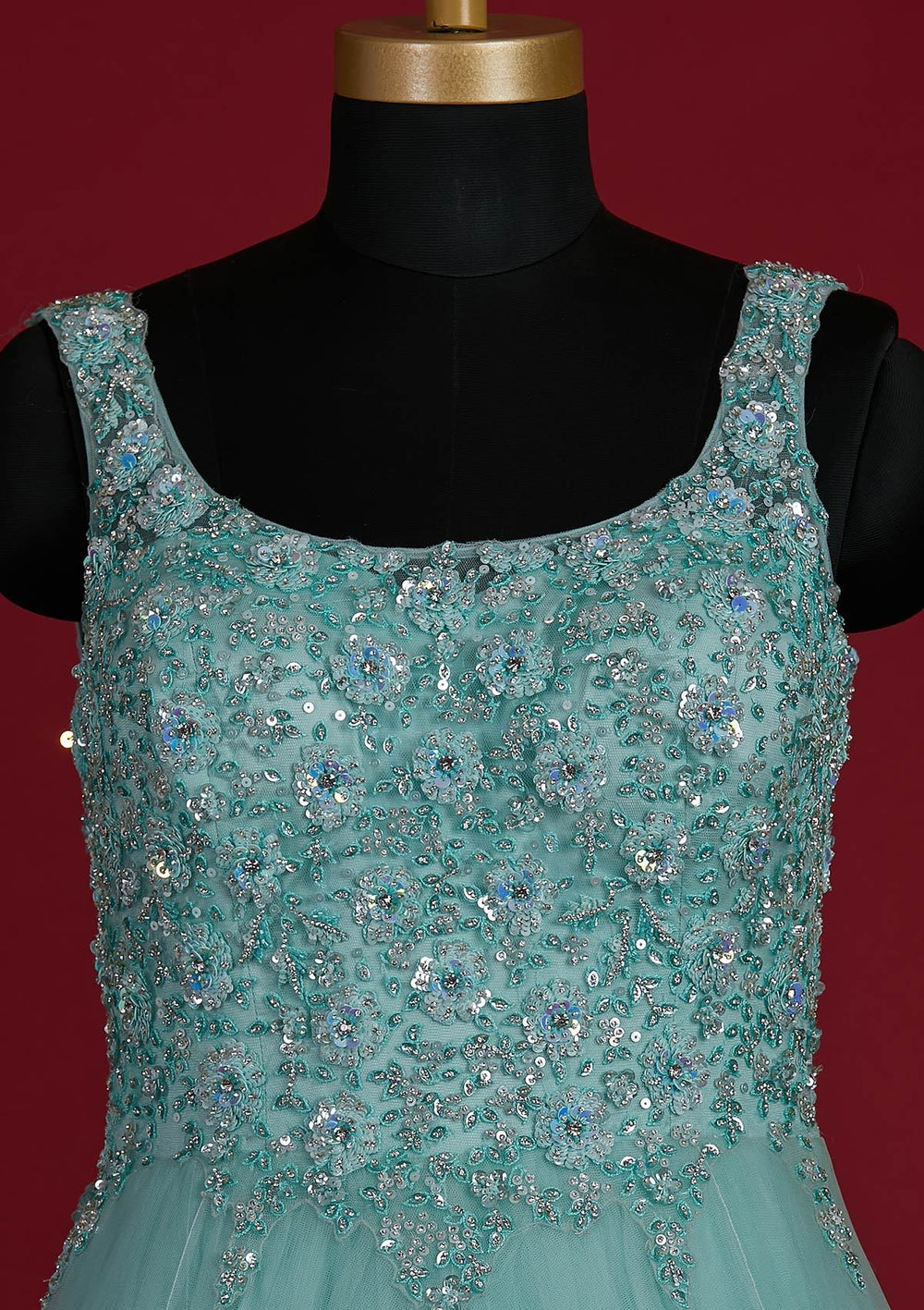 Sea Green Sequins Net Designer Gown - koskii