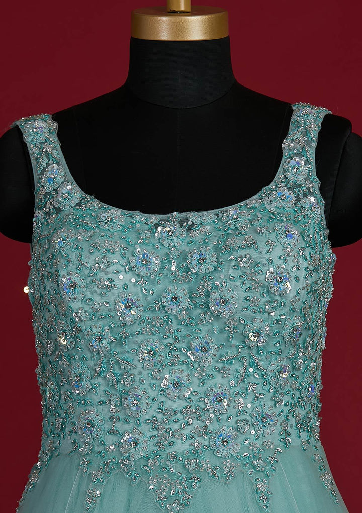 Sea Green Sequins Net Designer Gown - koskii