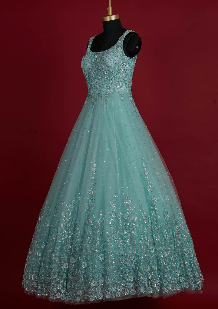 Sea Green Sequins Net Designer Gown - koskii
