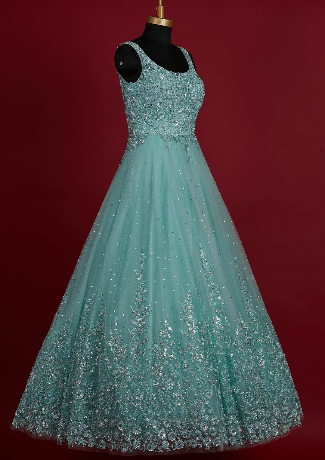 Sea Green Sequins Net Designer Gown - koskii