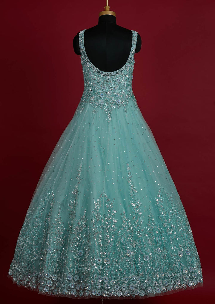 Sea Green Sequins Net Designer Gown - koskii