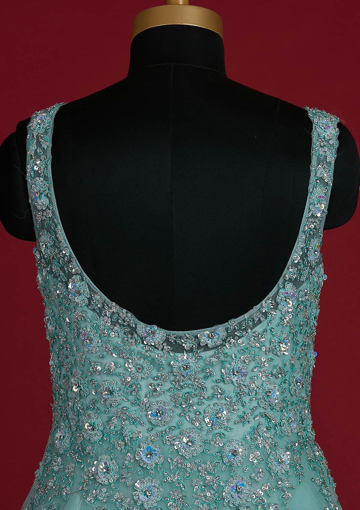 Sea Green Sequins Net Designer Gown - koskii