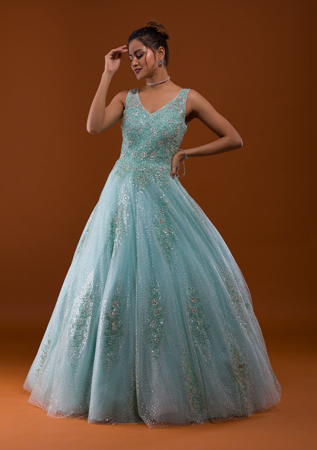 Sea Green Sequins Net Designer Gown-Koskii