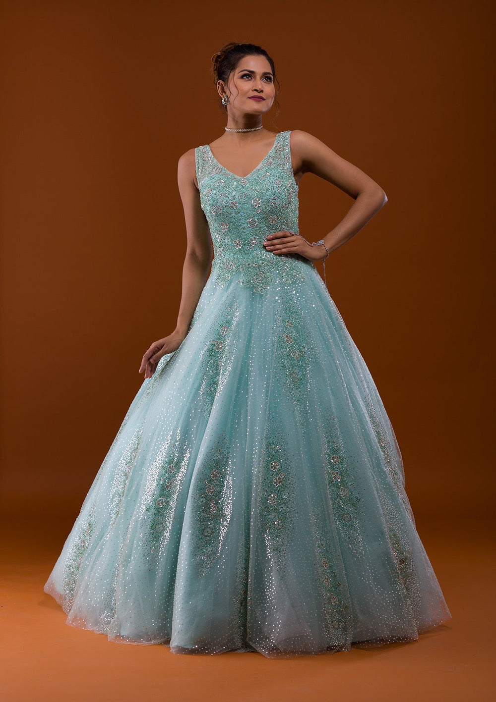 Sea Green Sequins Net Designer Gown-Koskii
