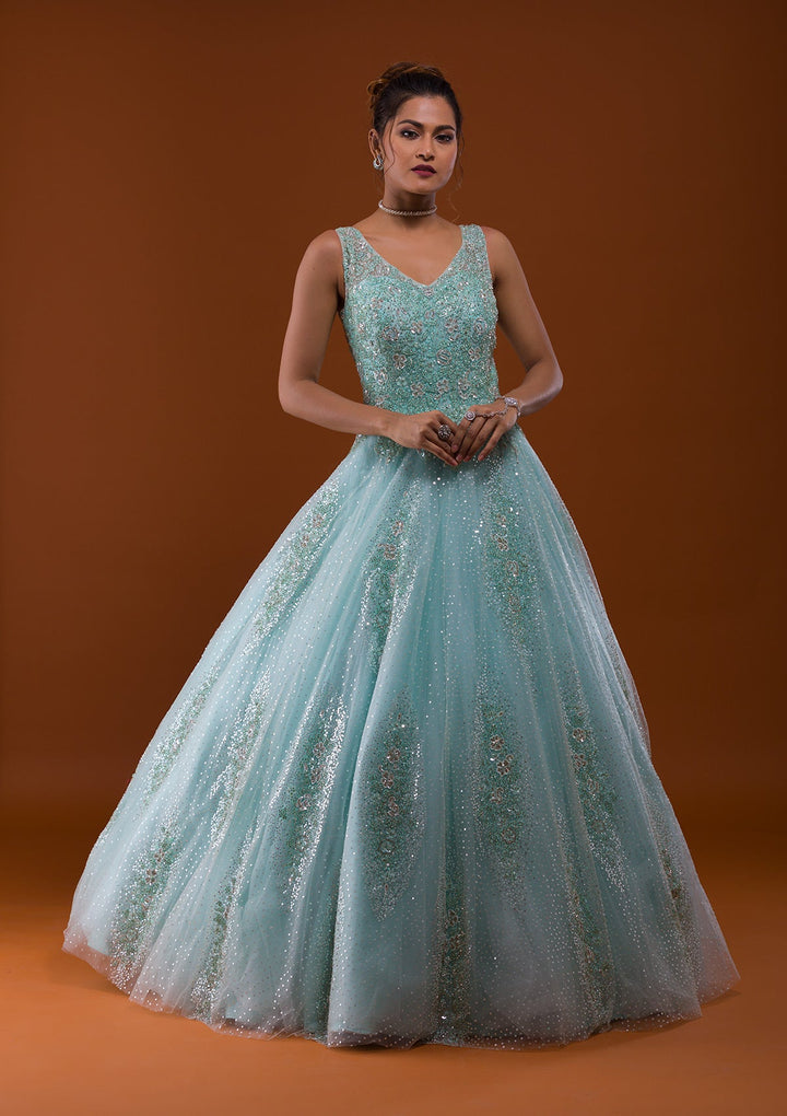 Sea Green Sequins Net Designer Gown-Koskii