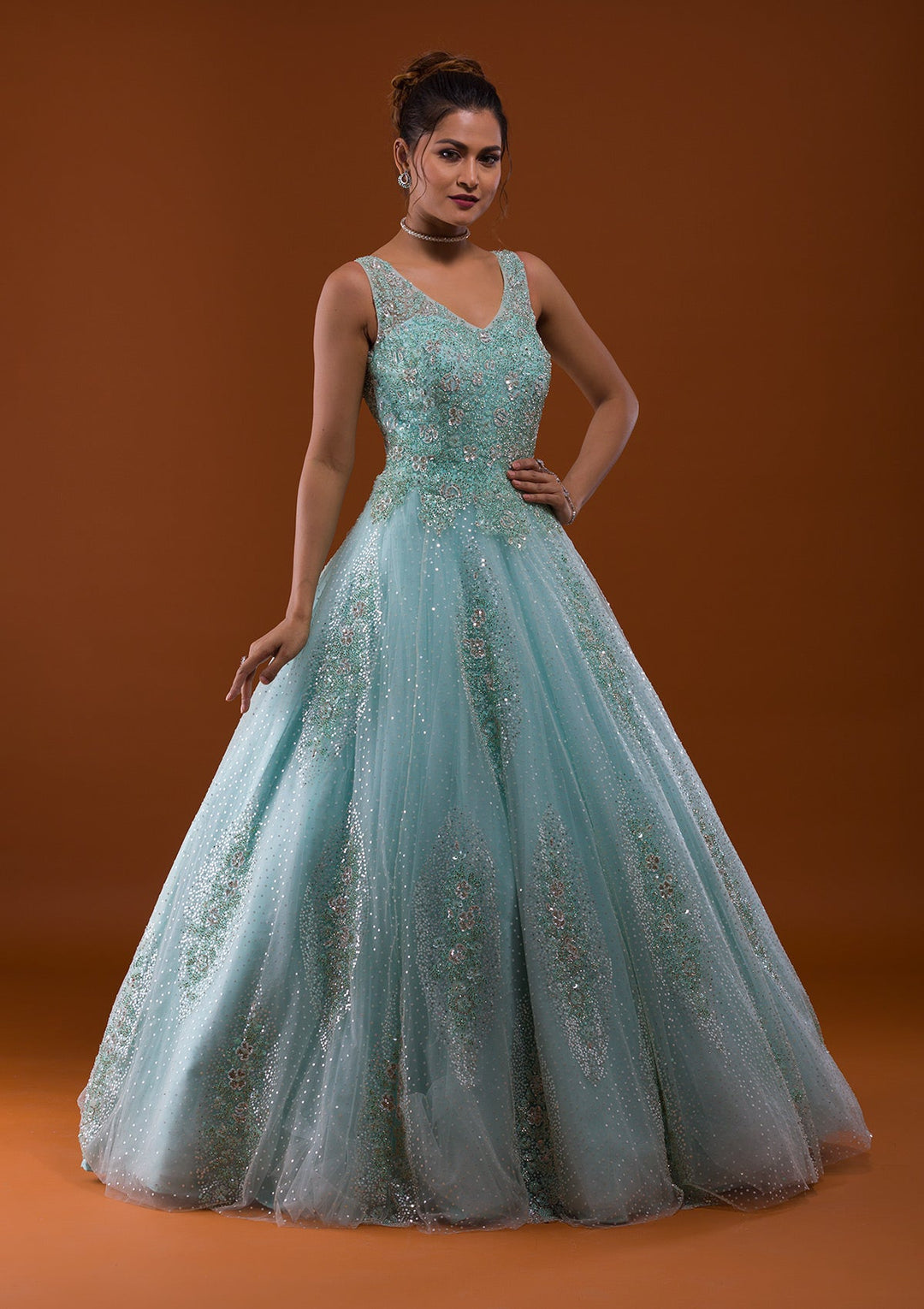 Sea Green Sequins Net Designer Gown-Koskii