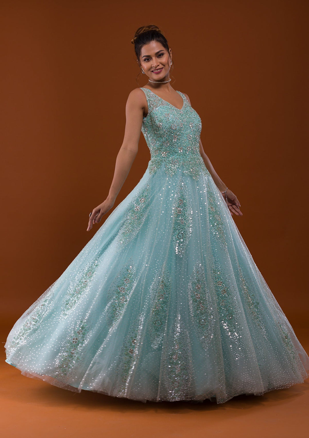 Sea Green Sequins Net Designer Gown-Koskii