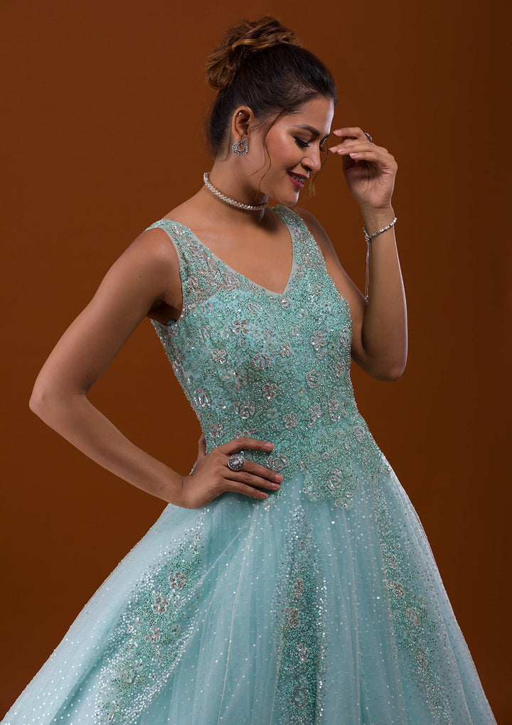 Sea Green Sequins Net Designer Gown-Koskii