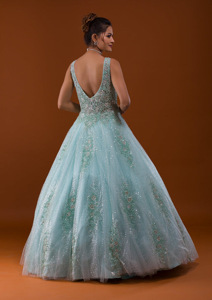 Sea Green Sequins Net Designer Gown-Koskii