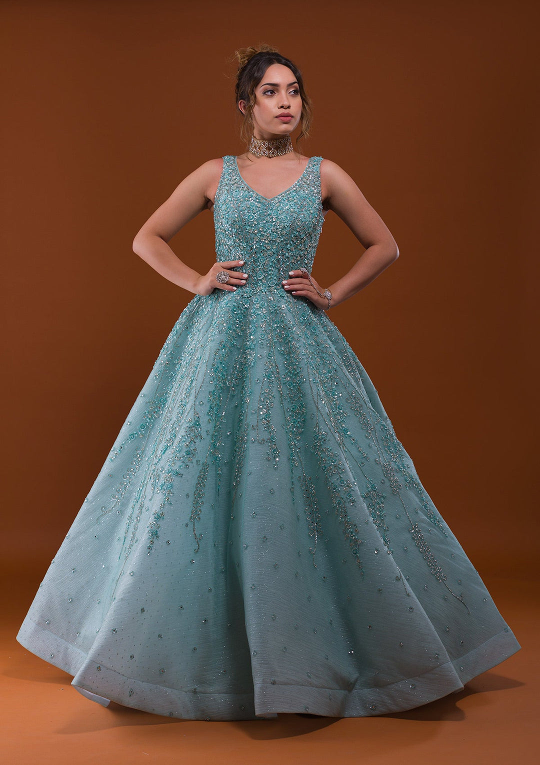 Sea Green Sequins Net Designer Gown-Koskii