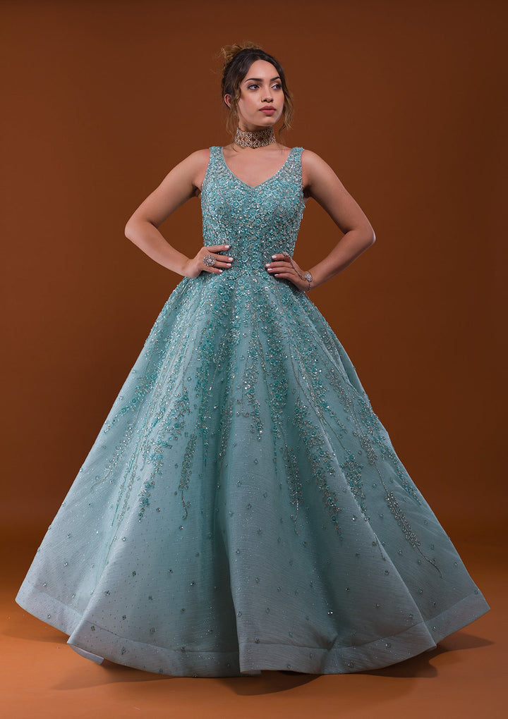 Sea Green Sequins Net Designer Gown-Koskii