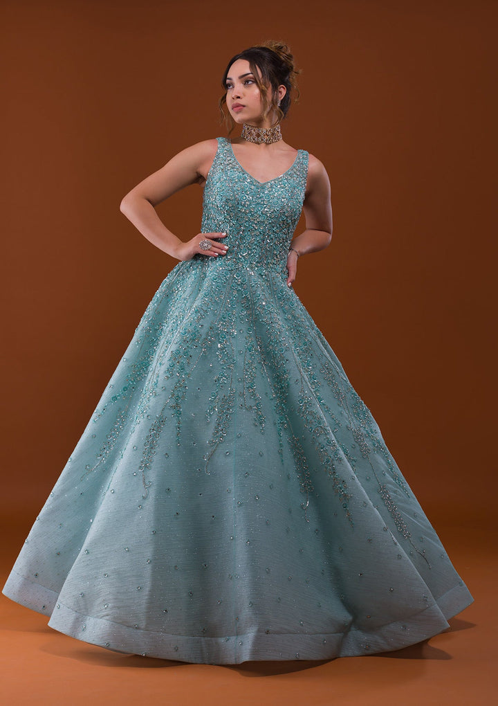 Sea Green Sequins Net Designer Gown-Koskii