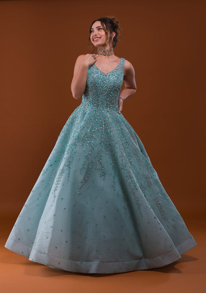 Sea Green Sequins Net Designer Gown-Koskii
