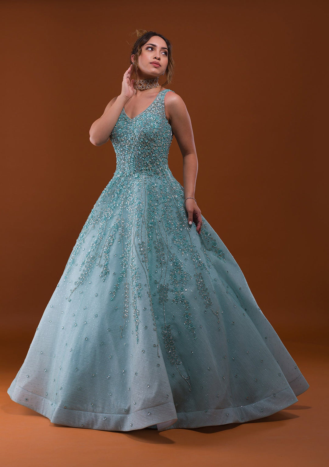 Sea Green Sequins Net Designer Gown-Koskii