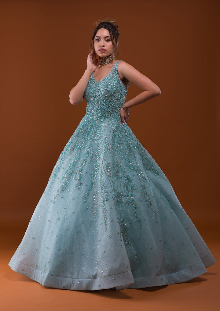 Sea Green Sequins Net Designer Gown-Koskii