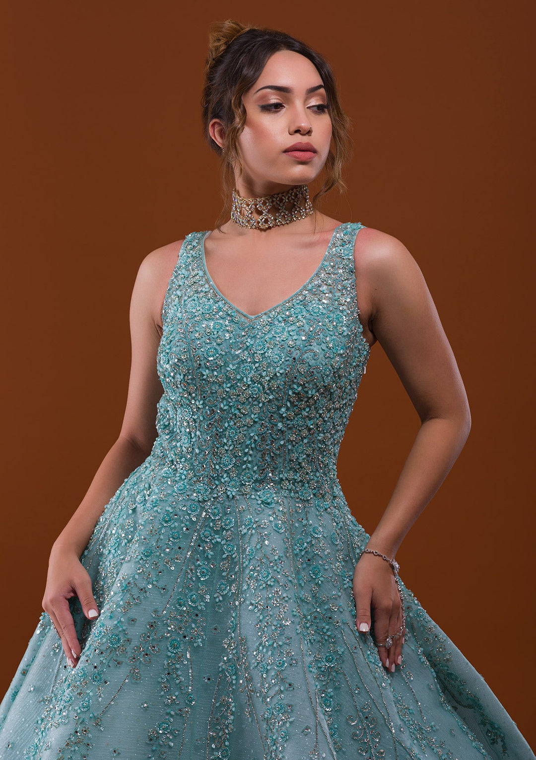 Sea Green Sequins Net Designer Gown-Koskii