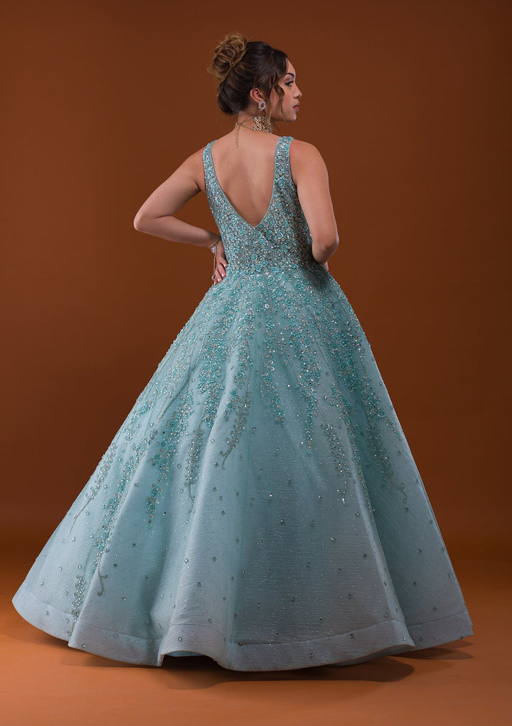 Sea Green Sequins Net Designer Gown-Koskii