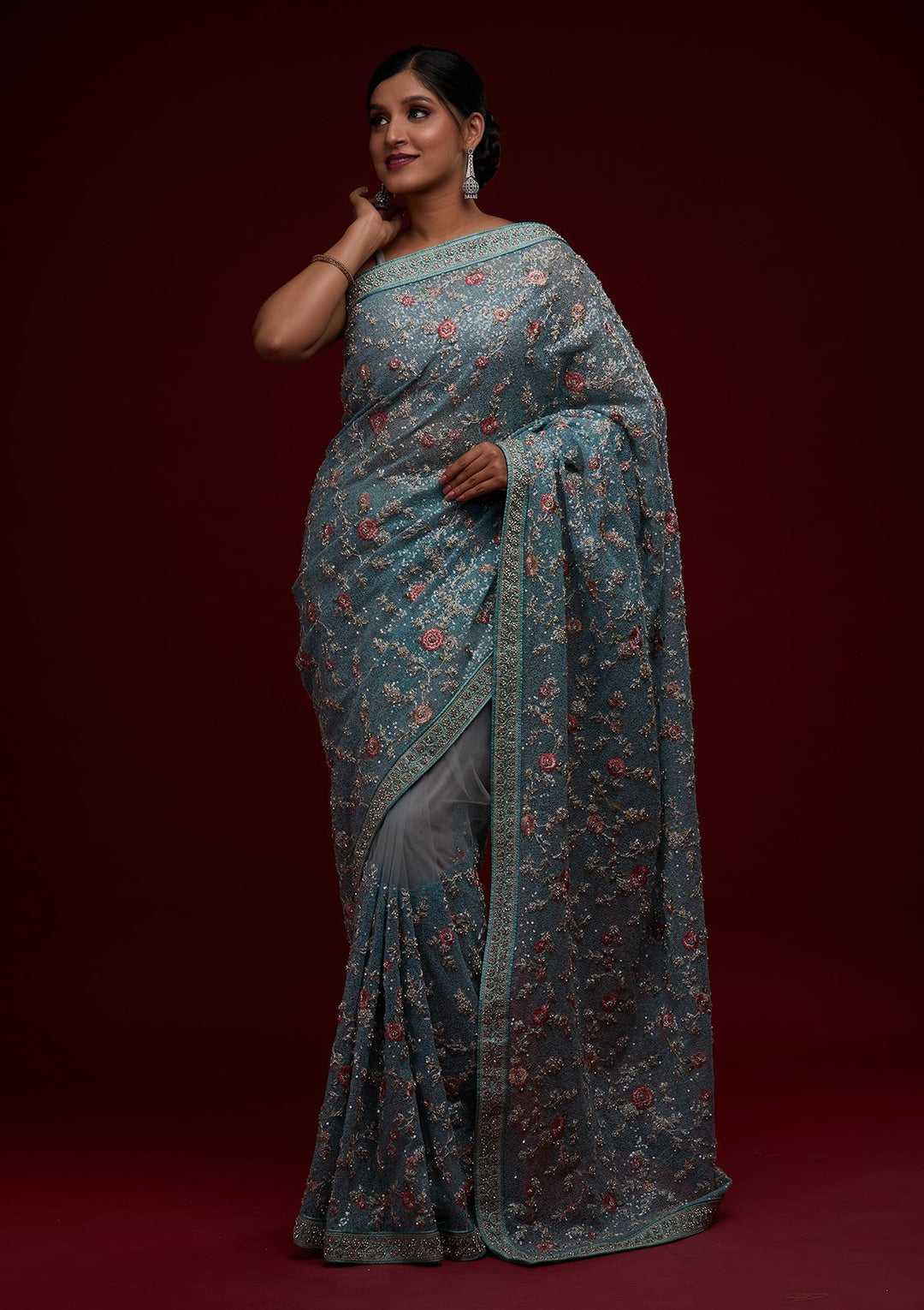 Sea Green Sequins Net Designer Saree - Koskii