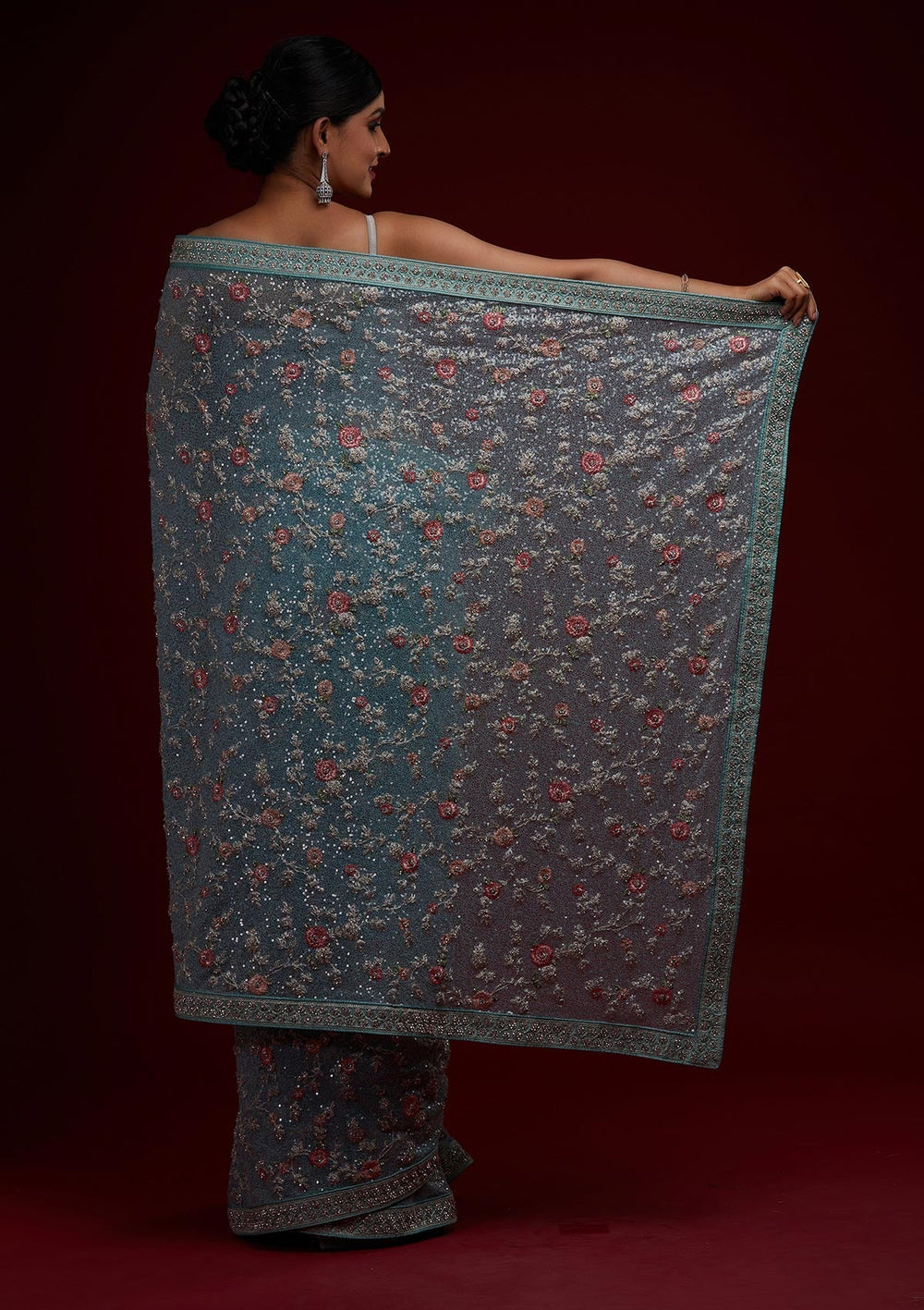 Sea Green Sequins Net Designer Saree - Koskii