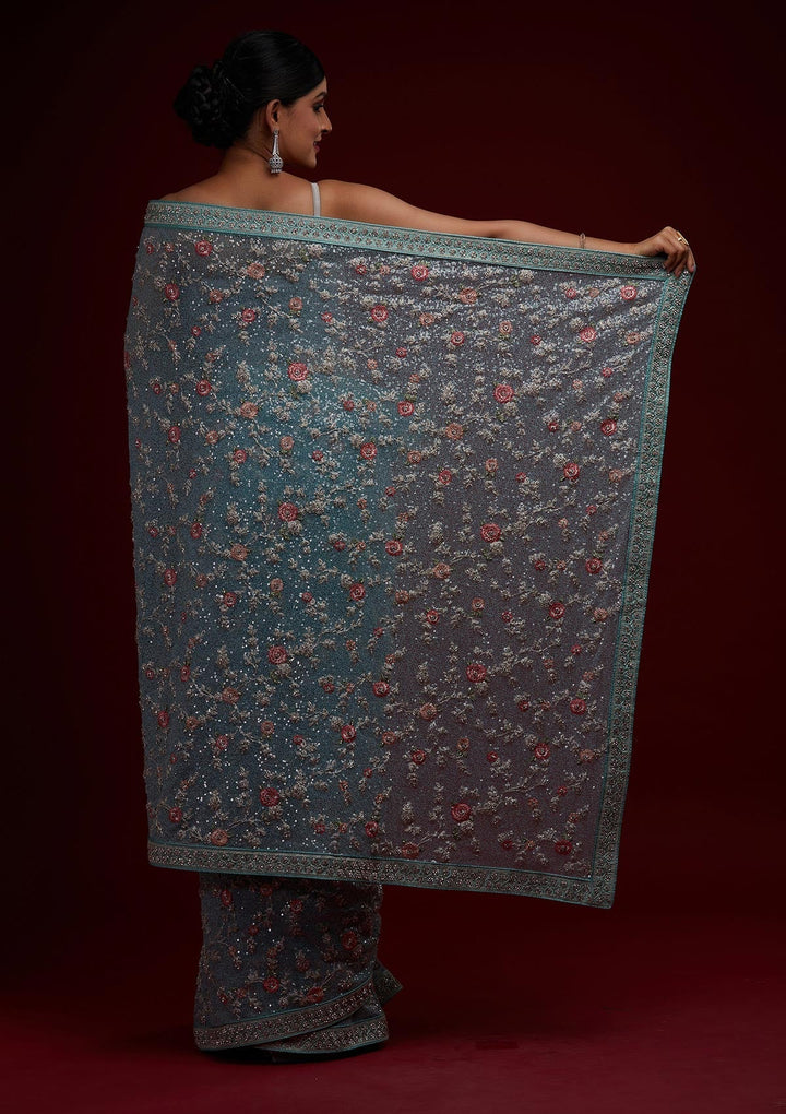 Sea Green Sequins Net Designer Saree - Koskii