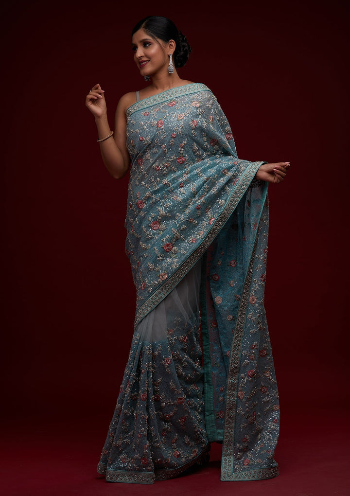 Sea Green Sequins Net Designer Saree - Koskii