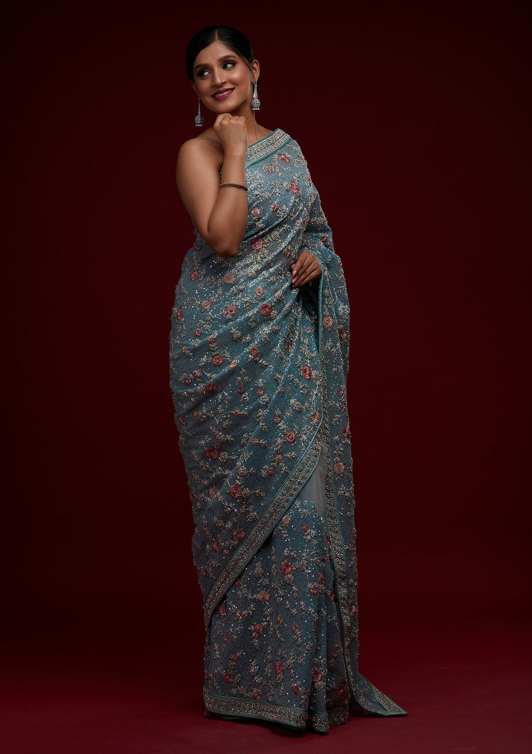 Sea Green Sequins Net Designer Saree - Koskii