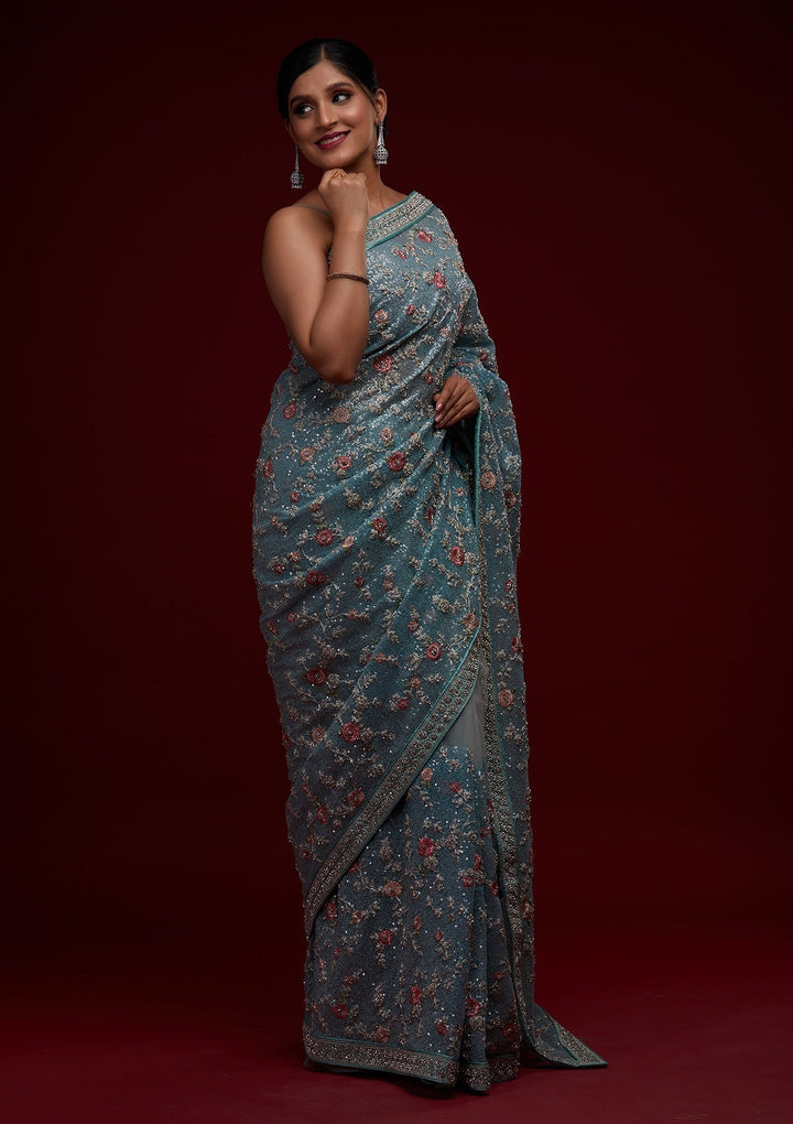 Sea Green Sequins Net Designer Saree - Koskii