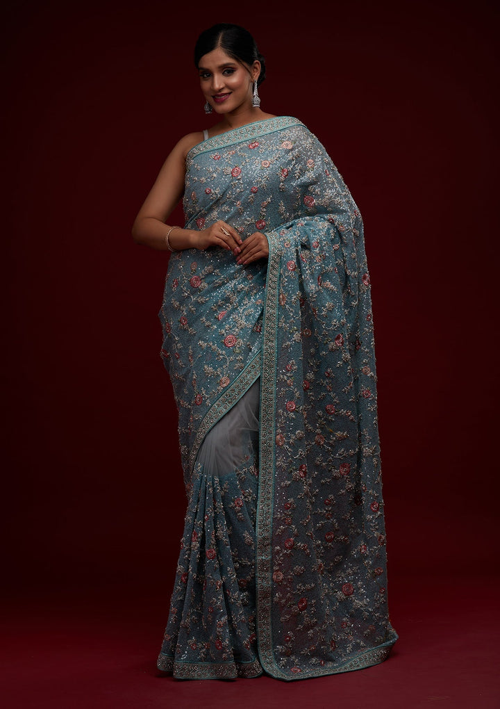 Sea Green Sequins Net Designer Saree - Koskii