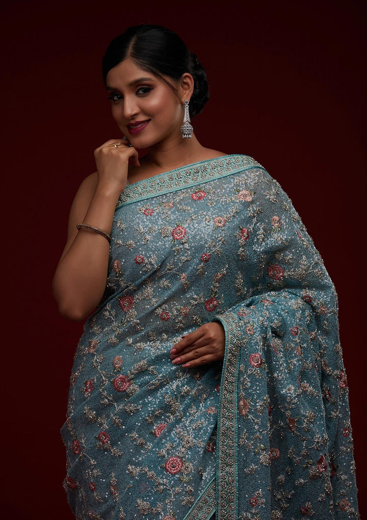 Sea Green Sequins Net Designer Saree - Koskii