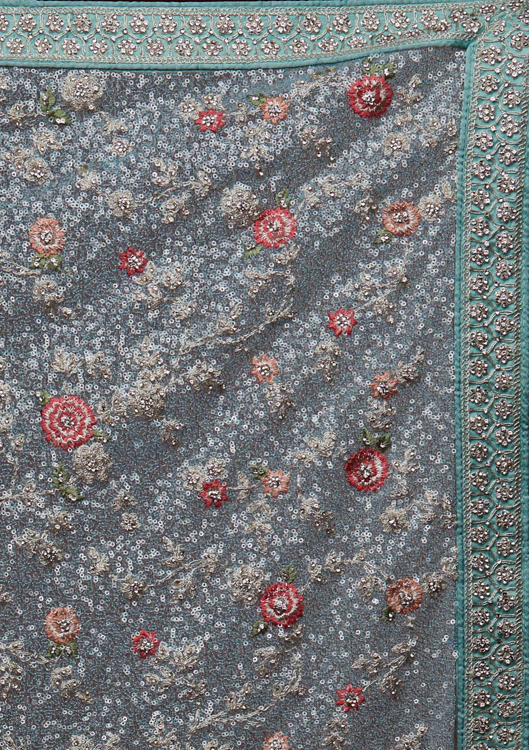 Sea Green Sequins Net Designer Saree - Koskii