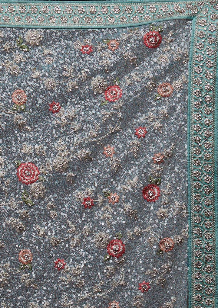 Sea Green Sequins Net Designer Saree - Koskii