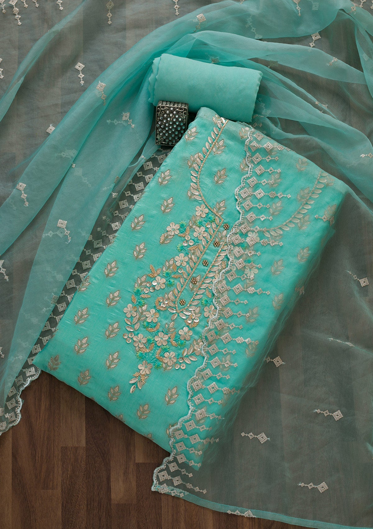 Sea Green Sequins Raw Silk Unstitched Salwar Suit-Koskii