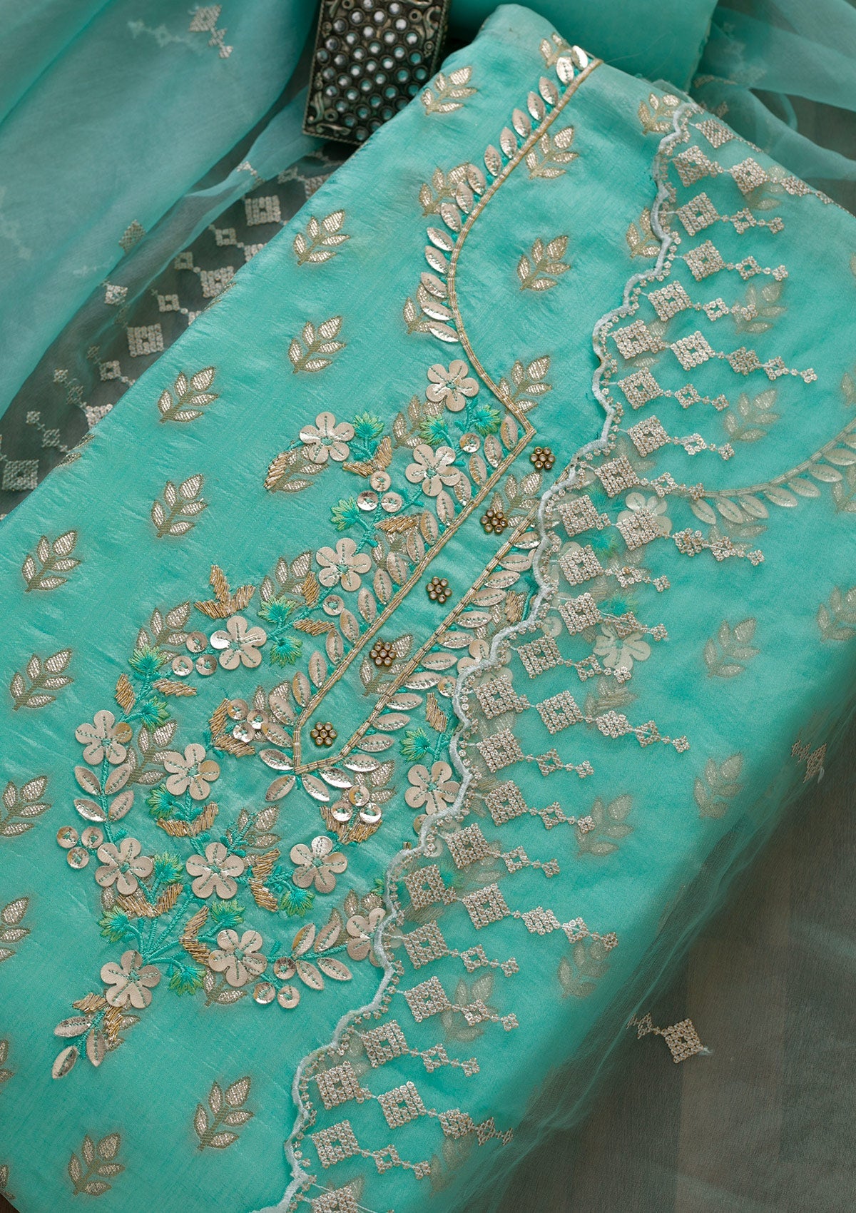 Sea Green Sequins Raw Silk Unstitched Salwar Suit-Koskii