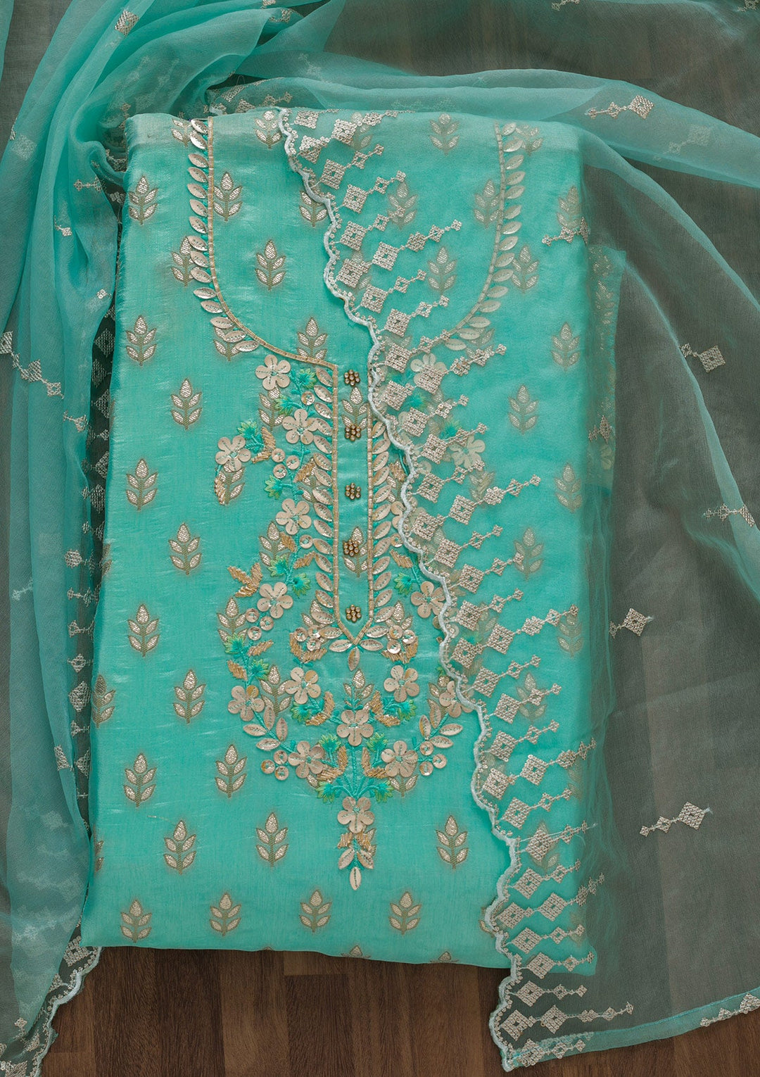 Sea Green Sequins Raw Silk Unstitched Salwar Suit-Koskii