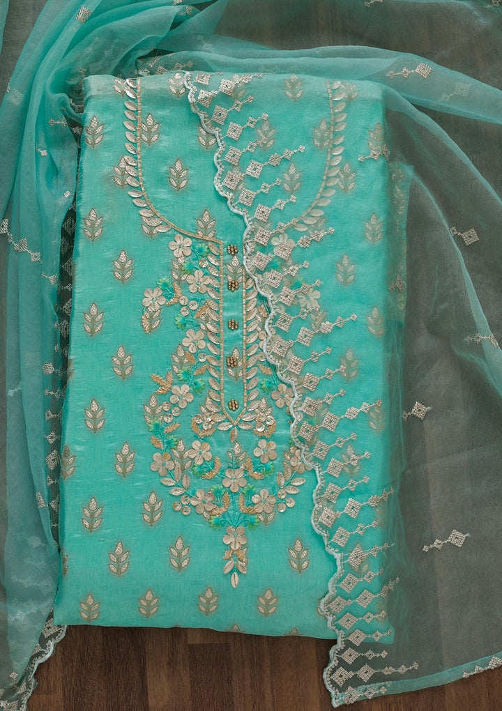 Sea Green Sequins Raw Silk Unstitched Salwar Suit-Koskii