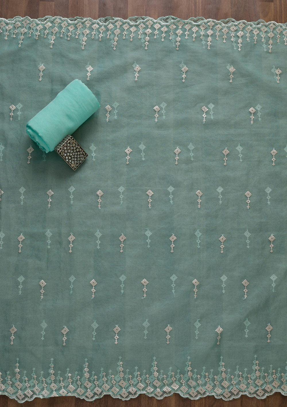 Sea Green Sequins Raw Silk Unstitched Salwar Suit-Koskii