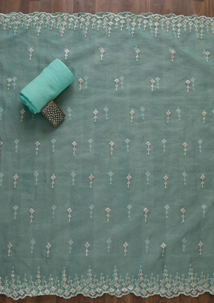 Sea Green Sequins Raw Silk Unstitched Salwar Suit-Koskii