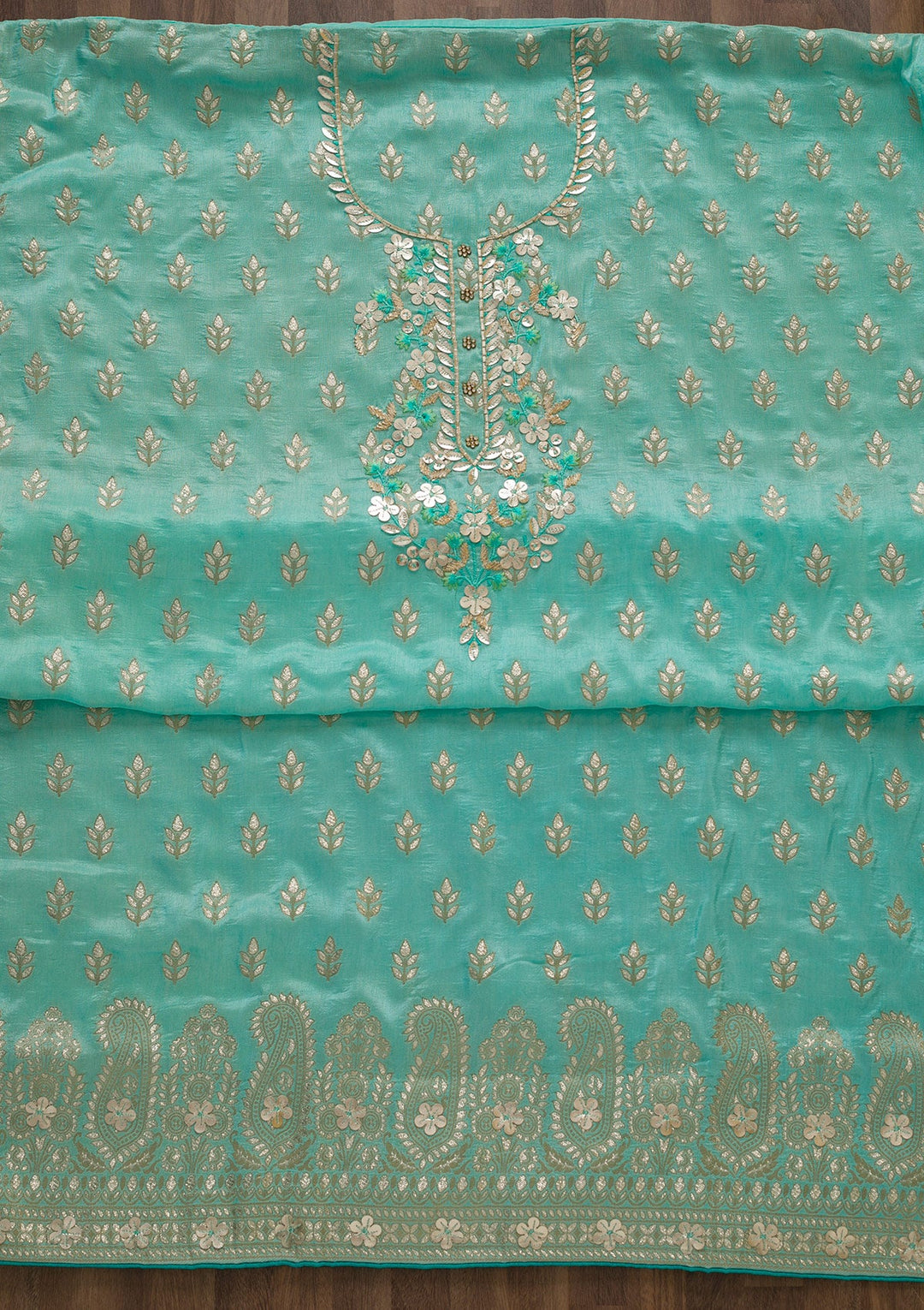 Sea Green Sequins Raw Silk Unstitched Salwar Suit-Koskii