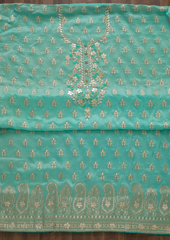 Sea Green Sequins Raw Silk Unstitched Salwar Suit-Koskii