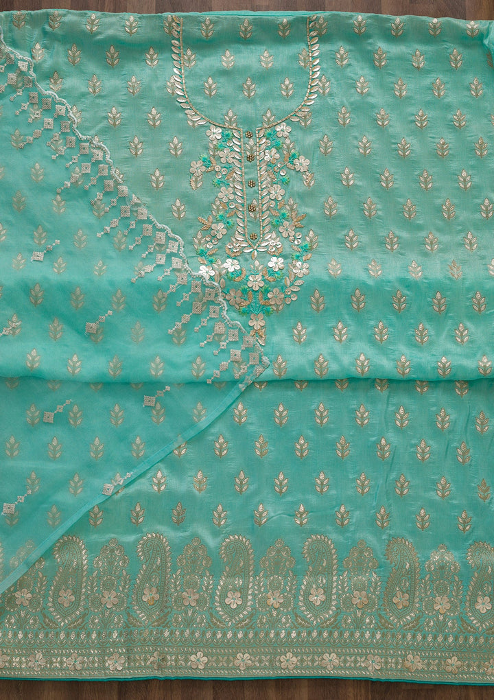 Sea Green Sequins Raw Silk Unstitched Salwar Suit-Koskii