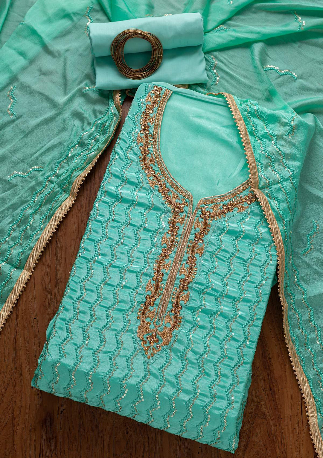 Sea Green Sequins Semi Crepe Designer Unstitched Salwar Suit - koskii