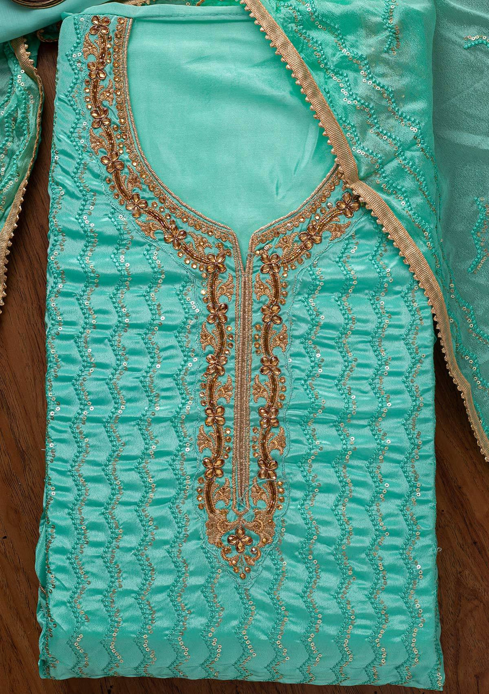 Sea Green Sequins Semi Crepe Designer Unstitched Salwar Suit - koskii