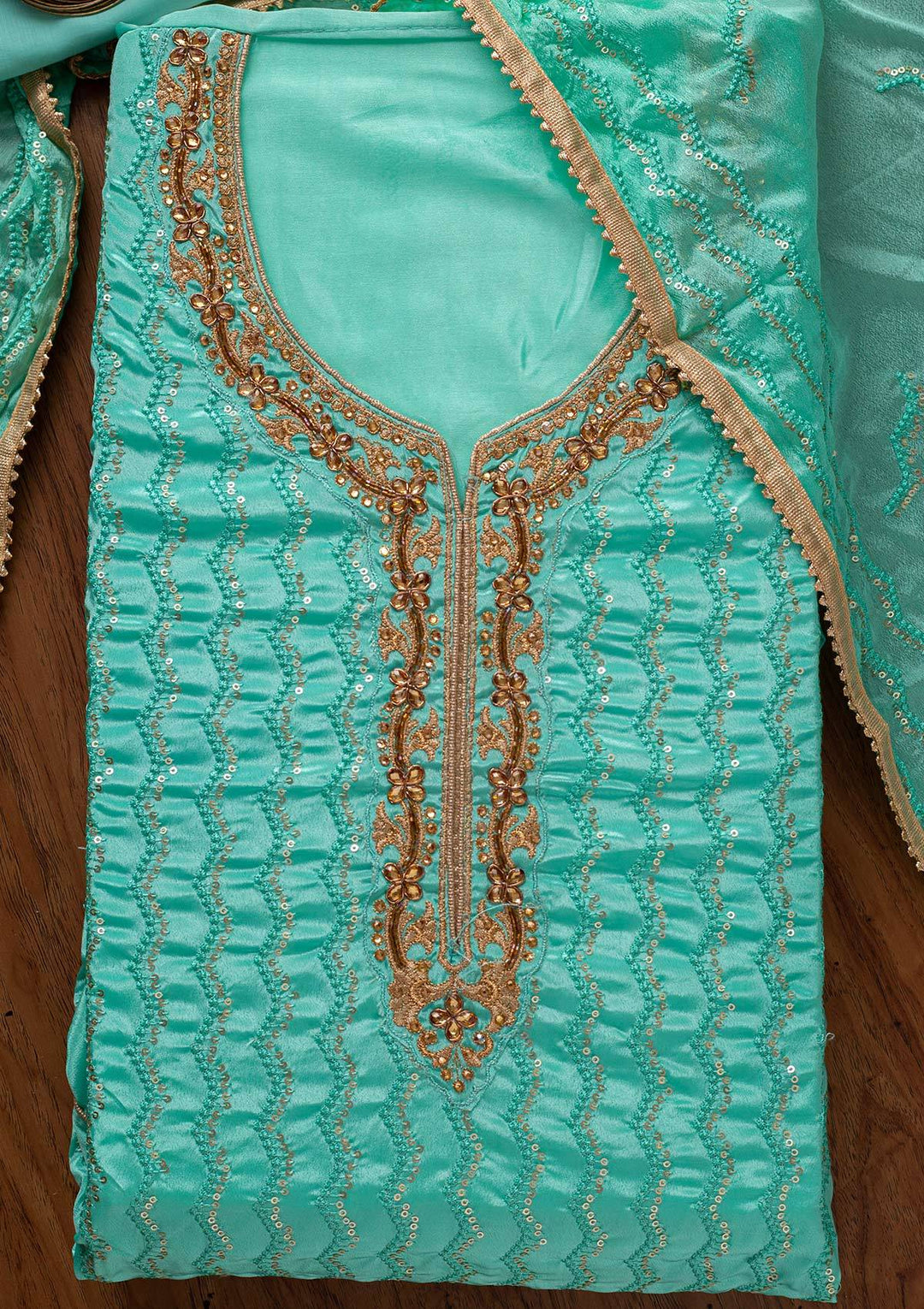 Sea Green Sequins Semi Crepe Designer Unstitched Salwar Suit - koskii