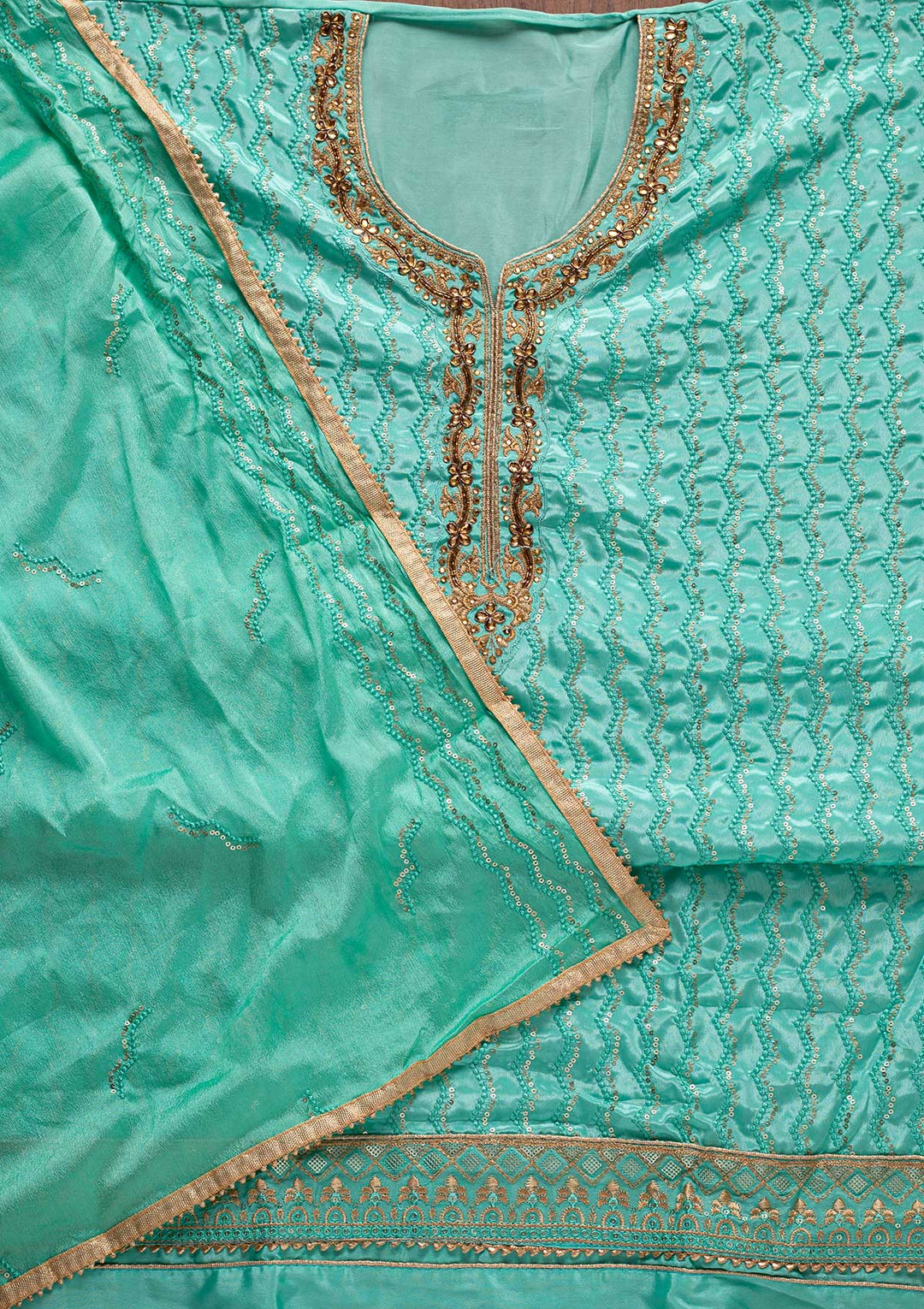 Sea Green Sequins Semi Crepe Designer Unstitched Salwar Suit - koskii