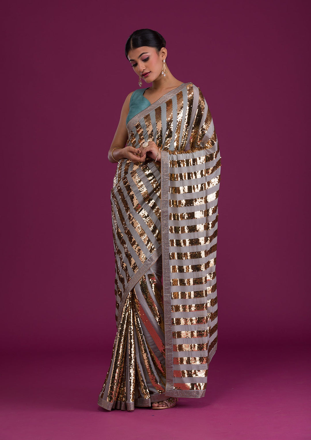 Sea Green Sequins Semi Crepe Saree-Koskii