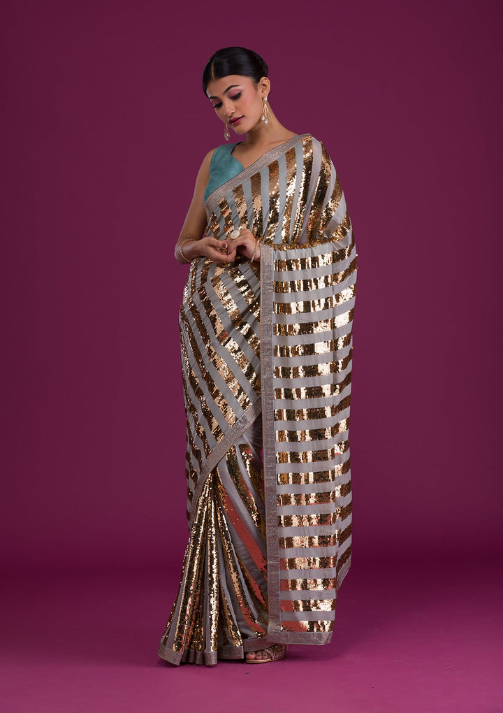 Sea Green Sequins Semi Crepe Saree-Koskii