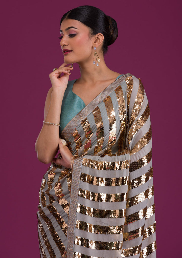 Sea Green Sequins Semi Crepe Saree-Koskii
