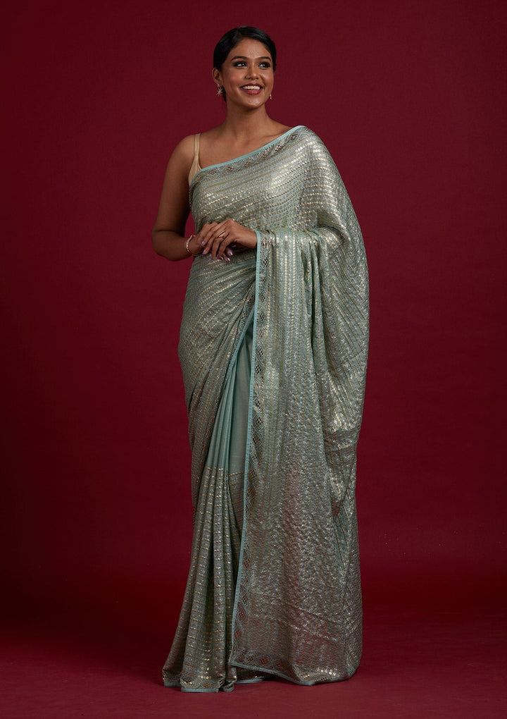 Sea Green Sequins Shimmer Designer Saree - Koskii